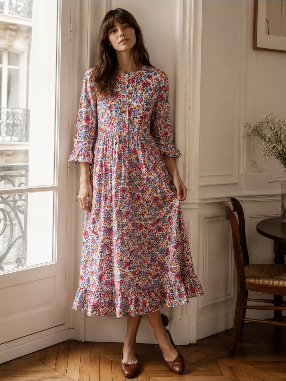 Pink Lemon Floral Cottage Midi Dress Romantic Boho Size Small Organic Cotton
